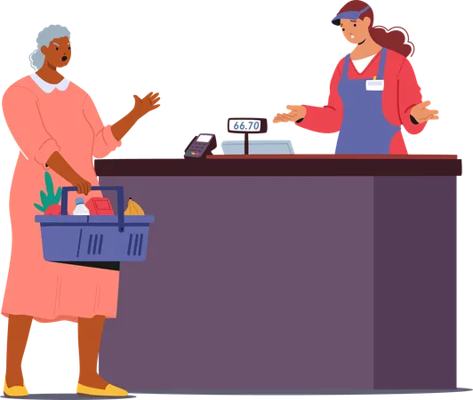 Angry senior woman screaming yelling and quarreling with saleswoman at supermarket counter desk  Illustration