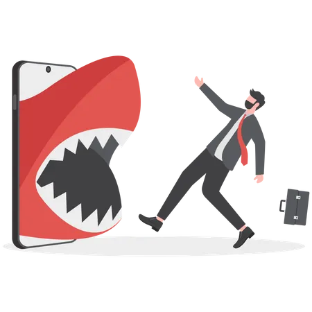 Angry shark attacking sad businessman via smartphone  Illustration