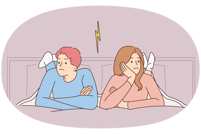 怒った頑固者は喧嘩の後、ベッドに横たわり、話すことを避ける  イラスト