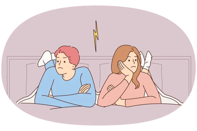 怒った頑固者は喧嘩の後、ベッドに横たわり、話すことを避ける  イラスト
