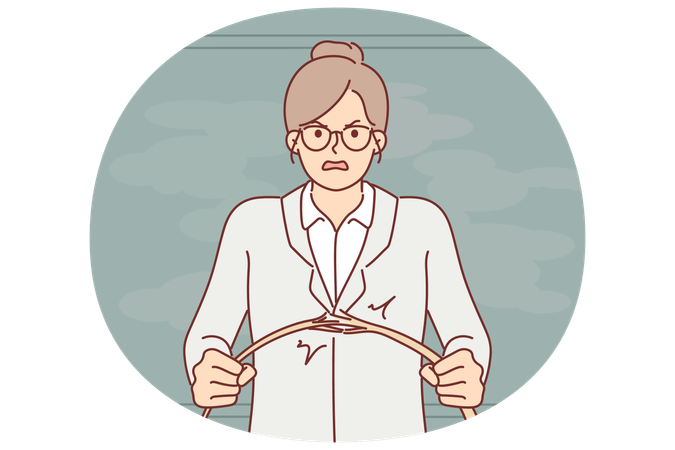 怒った教師が黒板の近くに立っていた木の棒を折る、教えられない生徒たちに神経質になる  イラスト