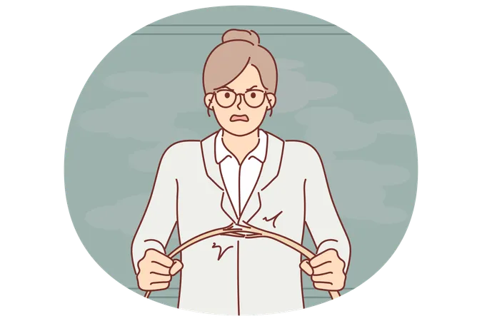 怒った教師が黒板の近くに立っていた木の棒を折る、教えられない生徒たちに神経質になる  イラスト