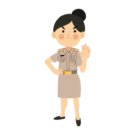 Angry Thai Teacher With No Hand Gesture Prohibit Concept Illustration