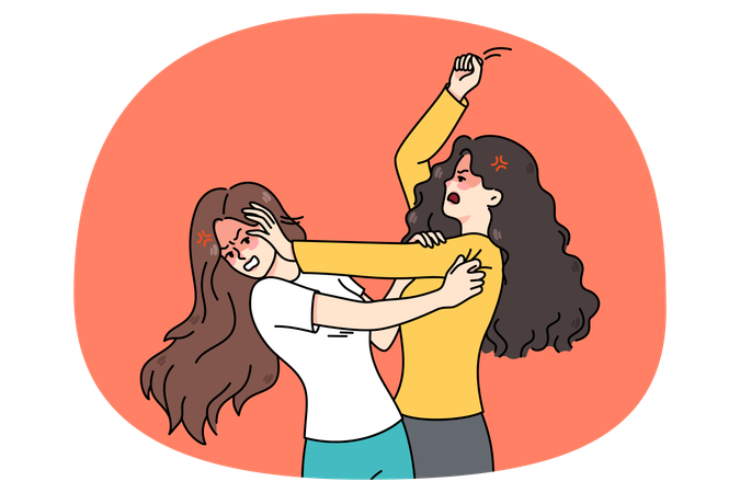 Angry teenage girls fighting pulling hair  Illustration