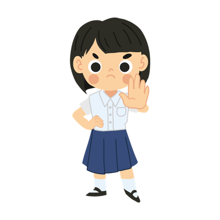 Angry Thai Student Girl in Expresses Refusal with NO Hand Gesture  イラスト
