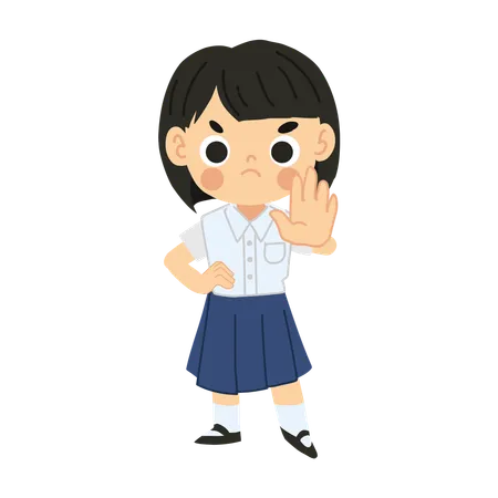 Angry Thai Student Girl In Cartoon Style Expresses Refusal With NO Hand Gesture Signaling NO Symbolizing Disagreement 일러스트레이션