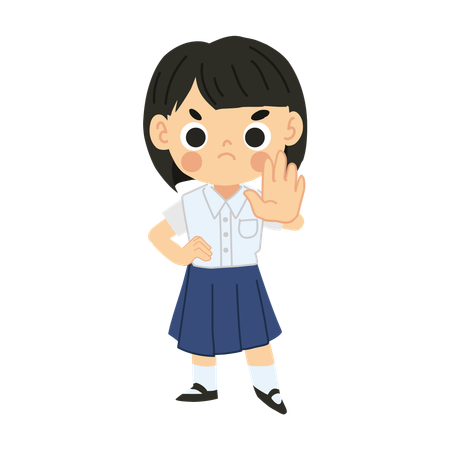 Angry Thai Student Girl in Expresses Refusal with NO Hand Gesture  Illustration