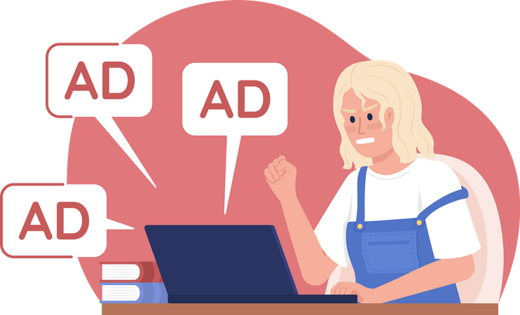 Angry woman and ads notifications  Illustration