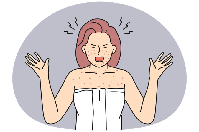 体のアレルギーに悩む怒った女性  イラスト