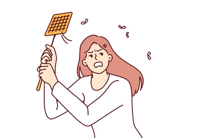 Angry Woman Kills Mosquitoes Using Swatter Feeling Irritated Due To Insects Disturbing Sleep On Summer Night Girl With Swatter Is Annoyed By Camaras And Maskites And Needs Electric Fumigator Illustration