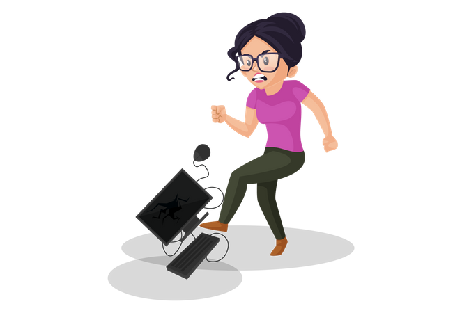 Angry woman kicking computer  Illustration