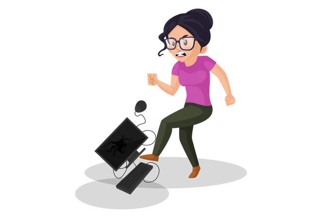 Angry woman kicking computer  Illustration