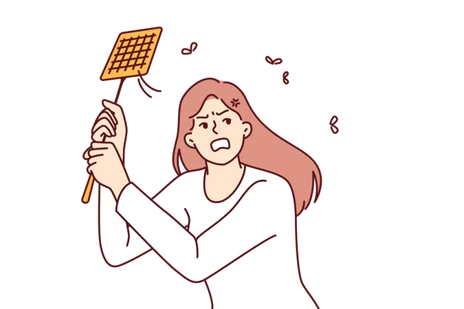 Angry woman kills mosquitoes using swatter feeling irritated due to insects disturbing sleep  Illustration