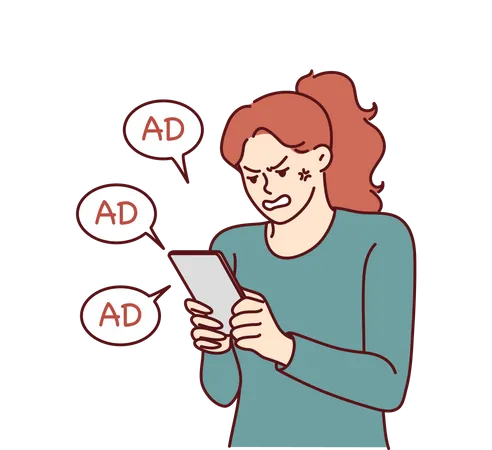 Angry woman looking advertising at mobile  Illustration