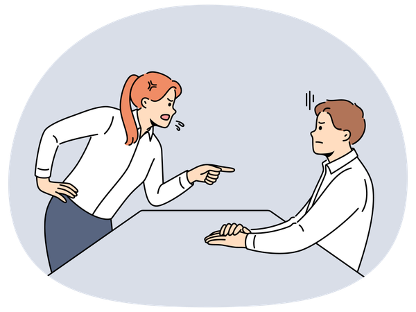 Angry woman manager scolding subordinate yelling at man who made mistake  Illustration