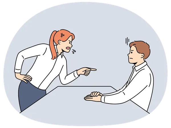 Angry woman manager scolding subordinate yelling at man who made mistake  Illustration