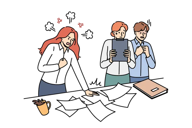 Angry woman manager shouts at frightened employees because of chaos in documents  Illustration