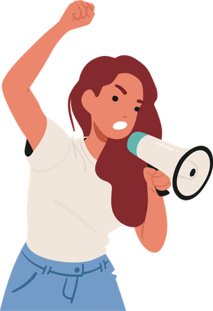 Angry Woman Raises Fist And Voices Stance Through Megaphone  Illustration