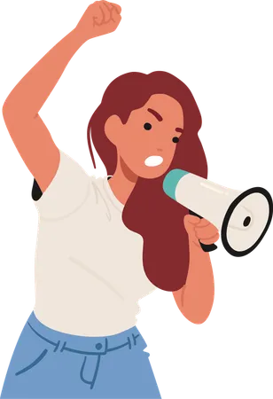 Angry Woman Raises Fist And Voices Stance Through Megaphone  Illustration