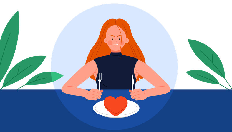 Angry woman ready to eat red heart  Illustration