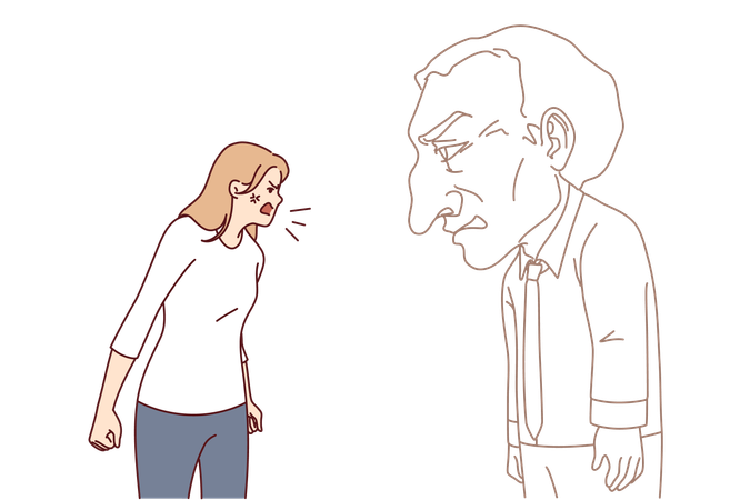 Angry woman screams at imaginary interlocutor experiencing psychologically distress  Illustration