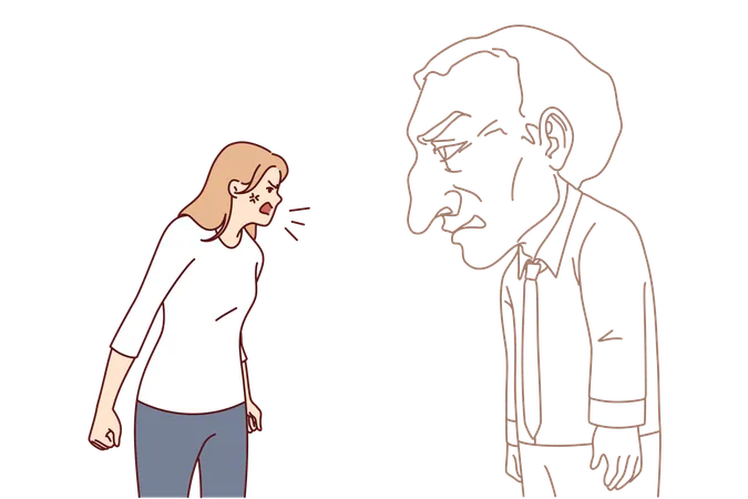 Angry woman screams at imaginary interlocutor experiencing psychologically distress  Illustration