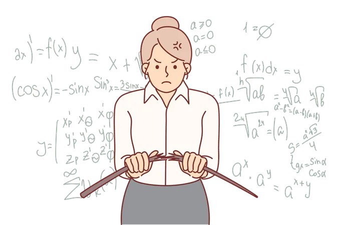 Angry Woman Teacher From High School Breaks Wooden Pointer Standing Near Blackboard With Algebra Formulas Girl Teacher Experiences Nervous Breakdown Due To Pranks Or Poor Learning Ability Students Illustration