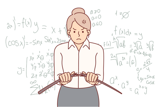 Angry woman teacher from high school breaks wooden pointer  Illustration