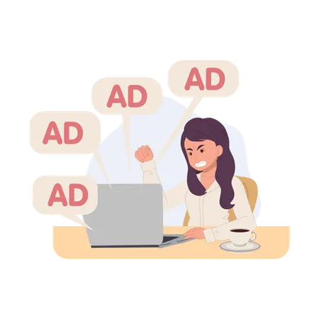 Angry woman with ads notifications from laptop  Illustration