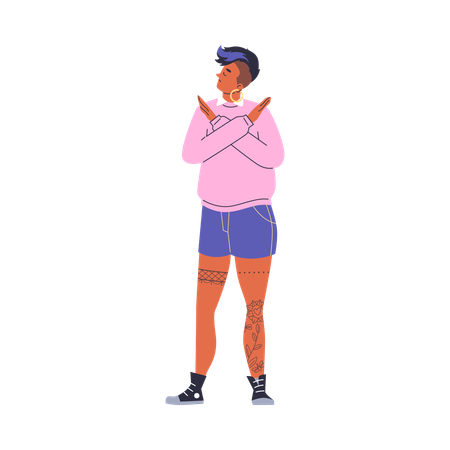 不満そうな顔をした怒った女性が手を組んで拒否のジェスチャーをしている  イラスト