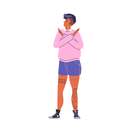 Angry woman with dissatisfied face make crossed hand refusal gesture  Illustration