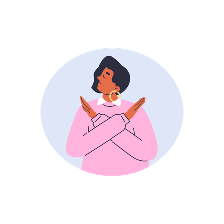 Angry woman with dissatisfied face make crossed hand refusal gesture protecting  Illustration