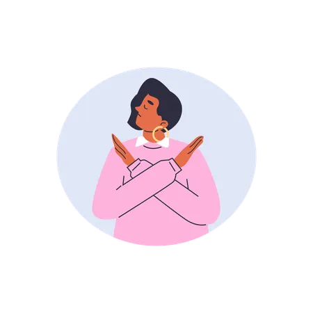 Angry woman with dissatisfied face make crossed hand refusal gesture protecting  Illustration