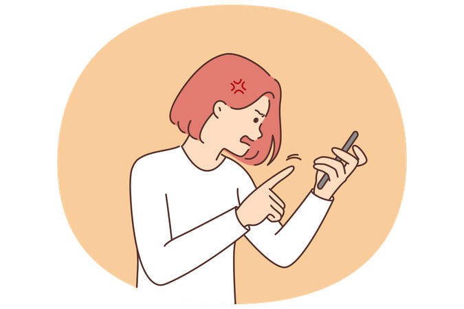 携帯電話を手にした怒った女性が、故障のためタッチに反応しないガジェットに向かって叫ぶ  イラスト