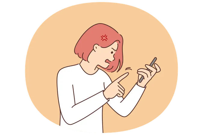 携帯電話を手にした怒った女性が、故障のためタッチに反応しないガジェットに向かって叫ぶ  イラスト