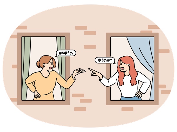 Angry women neighbors quarrelling in windows  Illustration