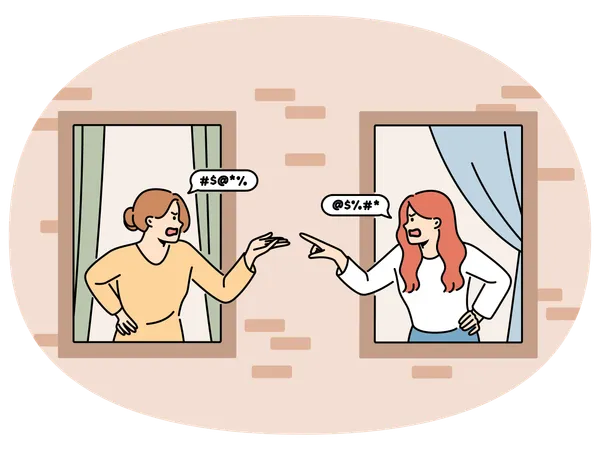 Angry women neighbors quarrelling in windows  Illustration