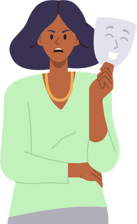 Angry young woman hiding feelings and mood under smiling face mask of happiness  イラスト