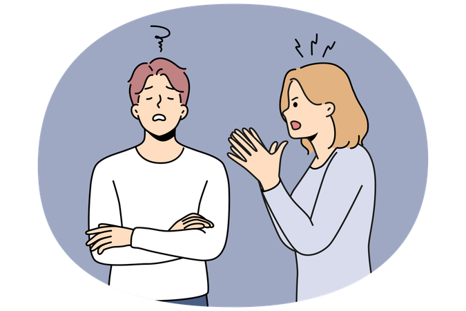 화난 젊은 여성이 짜증나는 남자에게 강의를 하고 가족 간의 오해에 휘말렸다  일러스트레이션