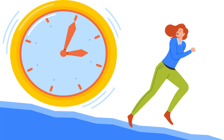 Ängstliche Geschäftsfrau rennt vor riesiger Uhr davon  Illustration