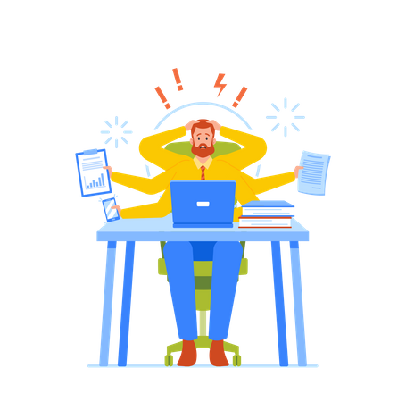 Ängstlicher Geschäftsmann mit vielen Armen, der im Büro am Laptop sitzt und viele Aufgaben gleichzeitig erledigt, Multitasking-Fähigkeiten  Illustration