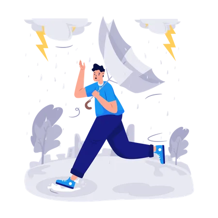 Ängstlicher Mann rennt, während ein Gewitter aufzieht  Illustration