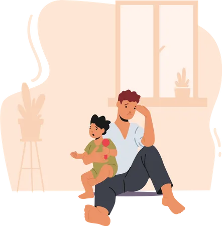 Ängstlicher, müder Vater mit kleinem Kind, das auf dem Boden sitzt  Illustration