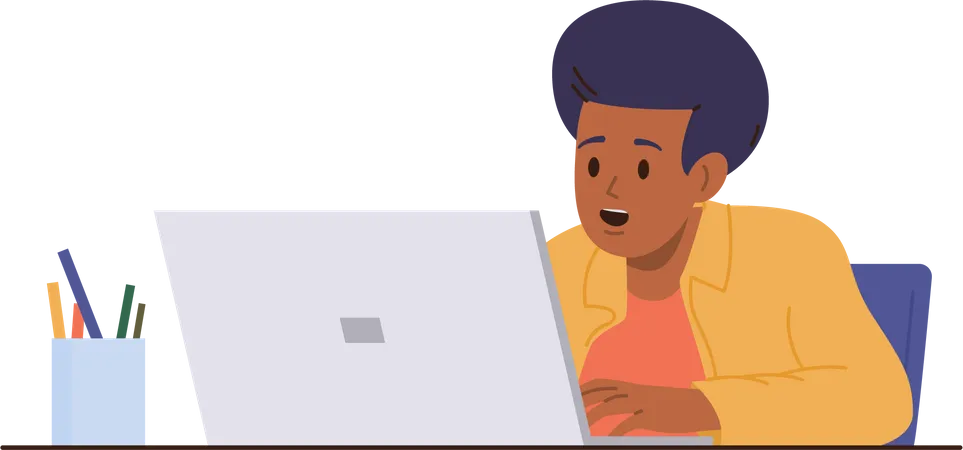 Personagem de estudante feliz e animado estudando on-line usando laptop  Ilustração