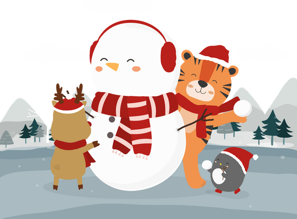 Animais brincando com boneco de neve  Ilustração