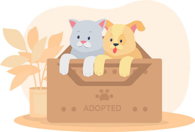 Animais de estimação resgatados em caixa  Ilustração