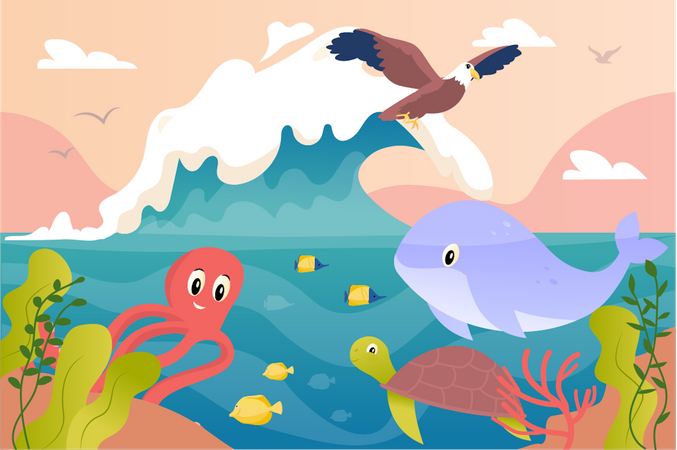 Animais subaquáticos e pássaros  Ilustração