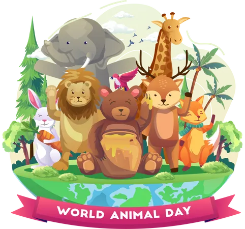 Animais felizes no zoológico no dia mundial dos animais  Ilustração
