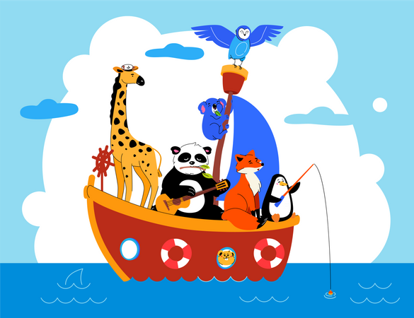 Animais fofos em barco no mar  Ilustração