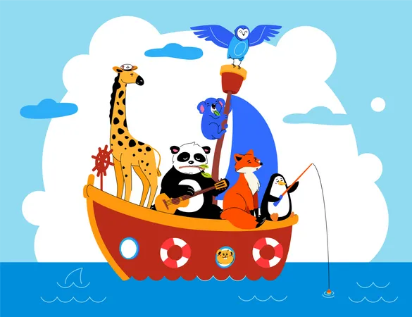 Animais Fofos Em Barco Em Aguas Do Mar Ilustracao Vetorial Plana Girafa Com Chapeu De Capitao Perto Do Volante Coala Sonolento Panda Com Guitarra Raposa Pinguim Coruja Nadando No Navio Layout De Design De Cartao Postal Ilustração
